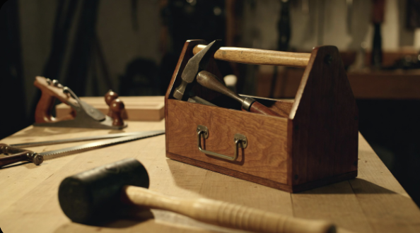 Handmade wooden toolbox with handle sitting on a workbench