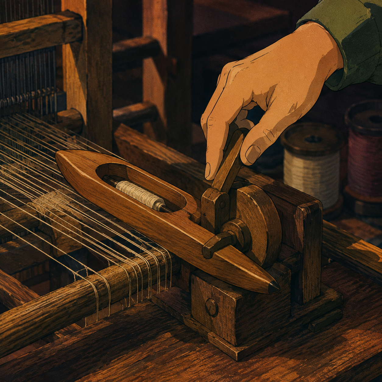 A vintage Showa-era anime close-up still-life on a warm workshop bench: a hand enters from the upper-right resting on the turning mechanism of an old wooden loom — a smooth wooden shuttle and a small turning peg, caught at the exact half-second the mechanism turns, threads under gentle tension. A single warm workshop light from the upper left catches the polished wood and cools to dusky plum-wine in the shadows. The mnemonic for 機 (machine; mechanism; the pivotal moment something turns) made visible — wood shaped into a working machine, the reason 機嫌 is written with 機, not 気.