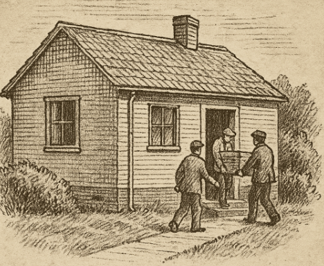 Sepia sketch of modest state‑housing home exterior, 1930s style