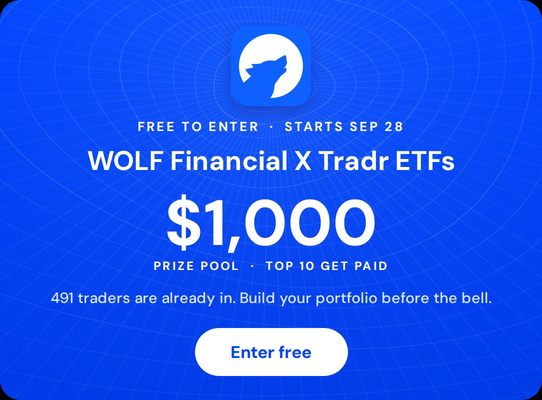 WOLF Financial X Tradr ETFs tournament. Free to enter, starts Sep 28. $1,000 prize pool, top 10 get paid. Enter free.