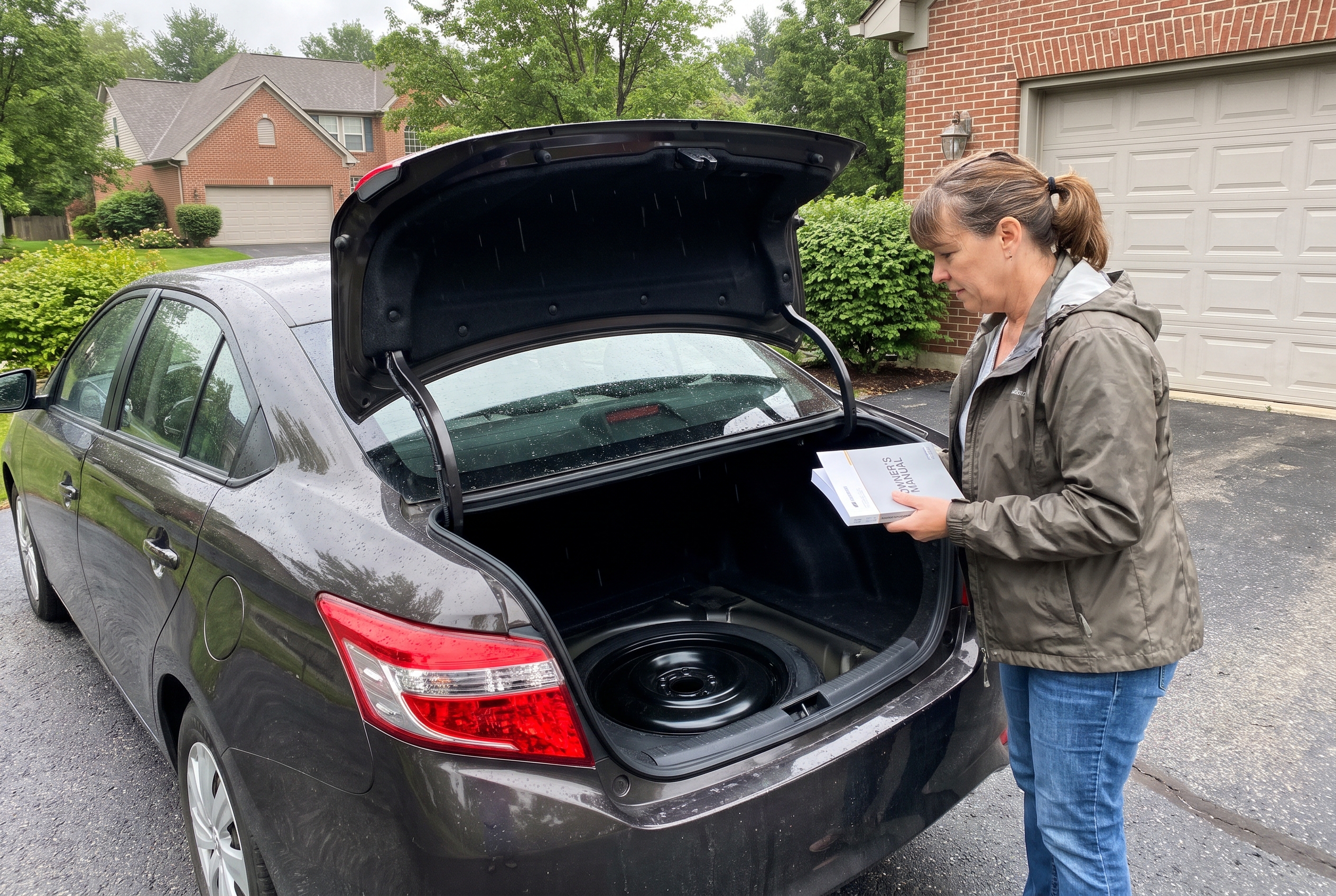 Illustrative household action: Candid phone photo of woman about 55 standing beside safely parked car in driveway, trunk open and cargo floor panel lifted showing compact spare tire secured in well, owner manual in hand; nothing lifted by jack and no road traffic.