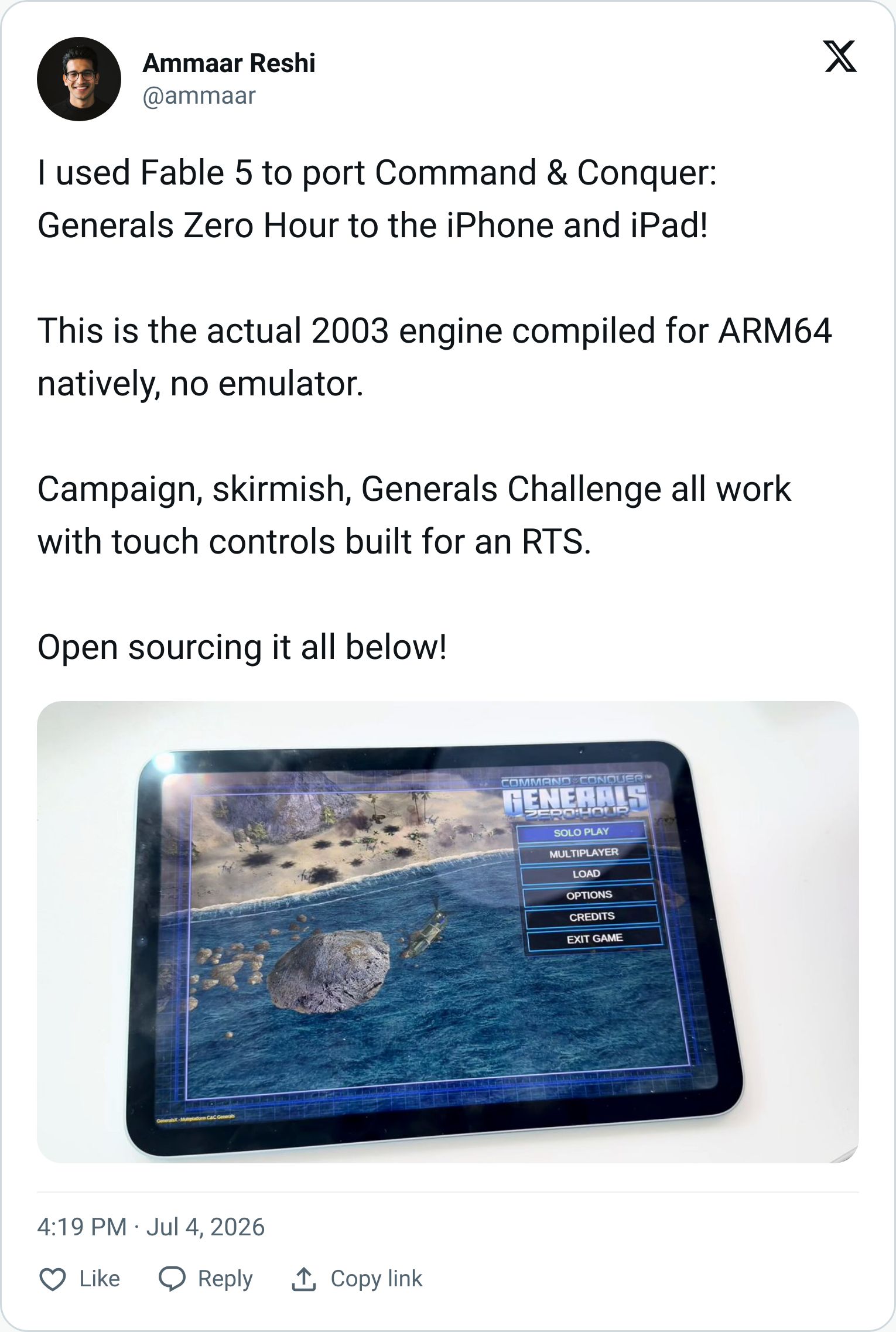 Ammaar Reshi tweet about porting Command and Conquer to iPad