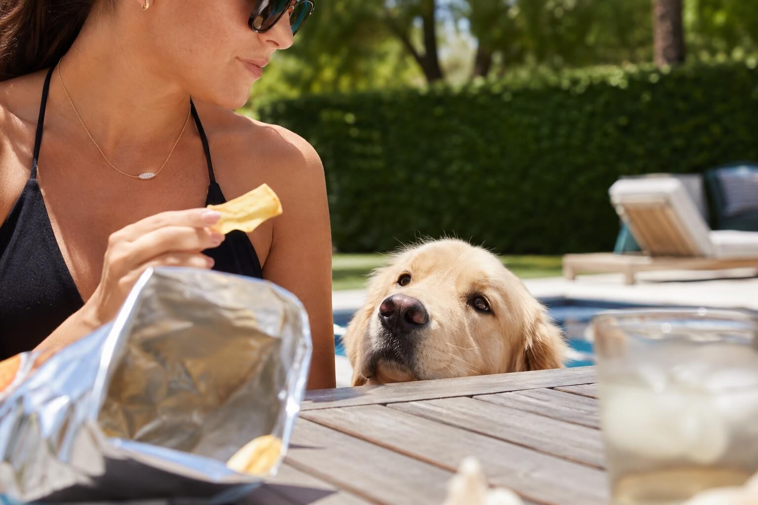 Golden retriever watching hopefully as its human holds a snack beside a sunny pool.