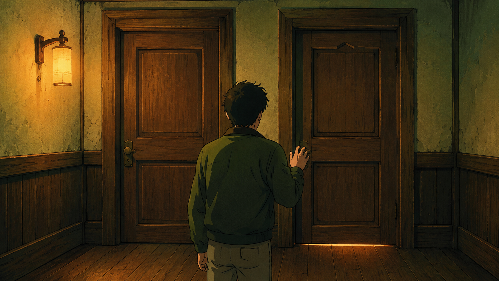 A vintage Showa-era anime view from behind of a single figure in a matcha-green jacket standing in a warm, dim old Japanese corridor between two near-identical wooden doors. The doors share the same frame, wood, and handle and differ only by one tiny detail; the figure's hand is half-raised, paused, weighing which to open. A single warm paper-shaded wall lamp on the left casts a soft persimmon glow and long door-frame shadows, and a thin warm sliver of light leaks from under the right-hand door — the two near-identical sentences of the hook made into two doors, and the small tell that flips their meaning.