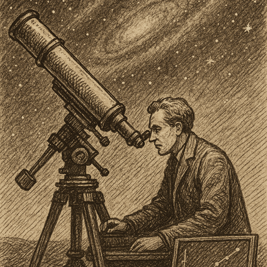 Sepia sketch of an astrophysicist observing stars