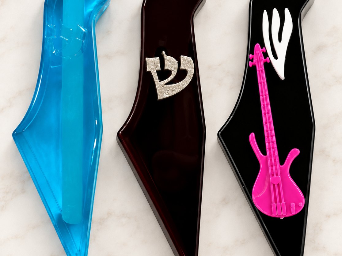 Changles design-your-own mezuzahs in blue, black and pink