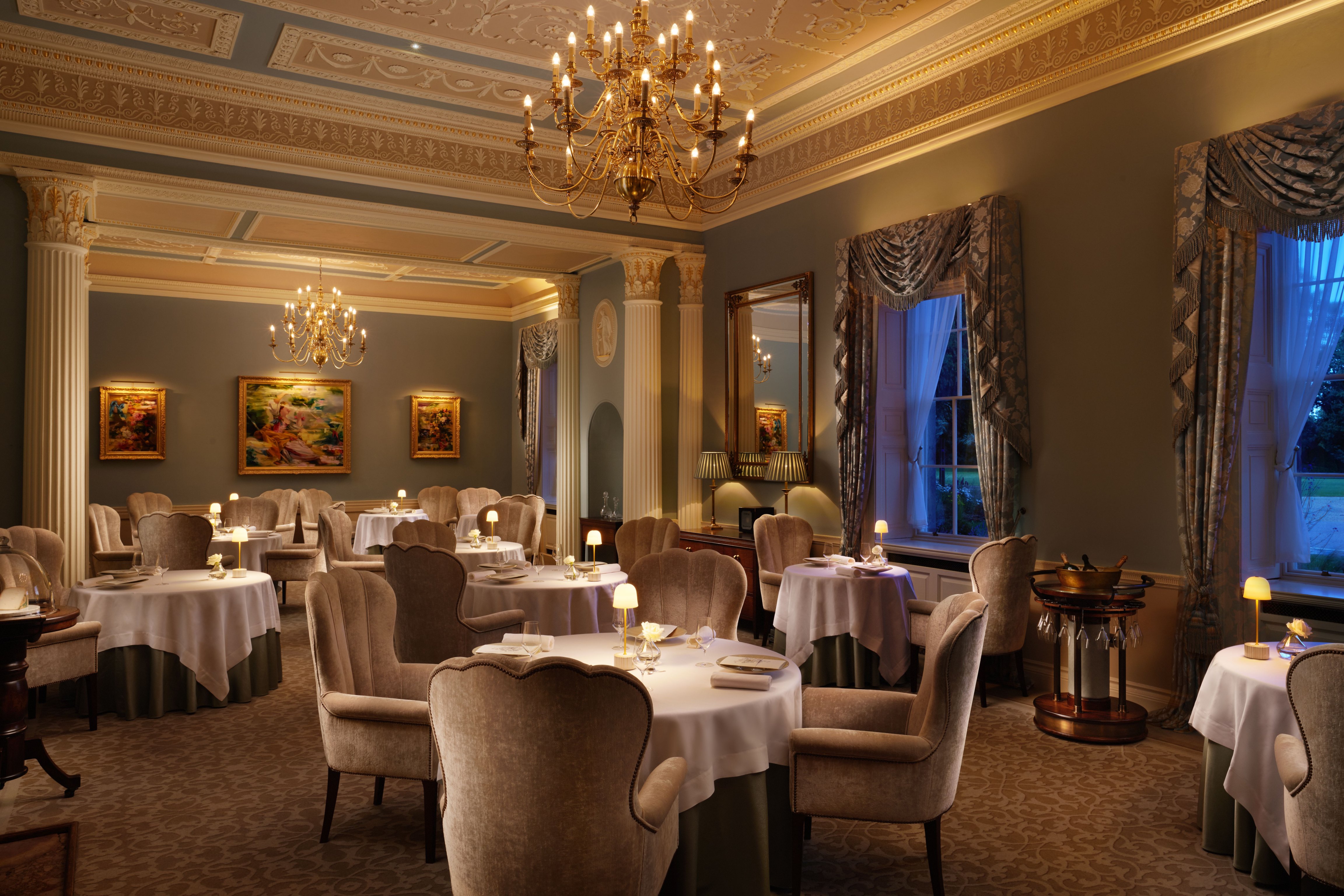 Chandelier-lit dining room at Grantley Hall