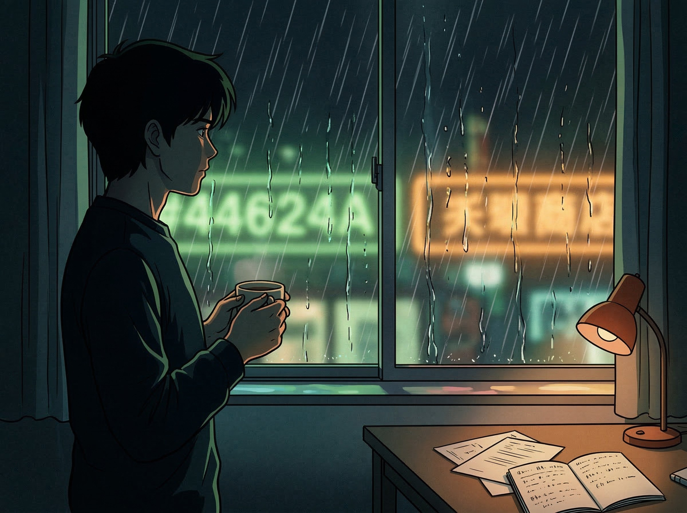 Vintage anime illustration of a detective studying clues at a quiet desk