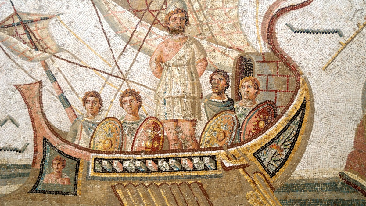A Roman mosaic of a sailing ship crewed by armed figures