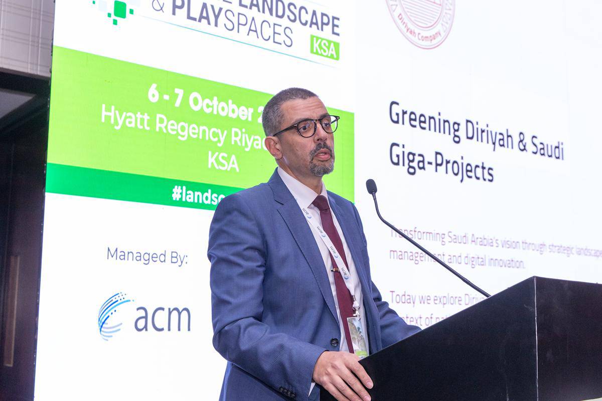 Walid Freiha speaking on Greening Diriyah and Saudi Giga-Projects at Landscape & Playspaces KSA