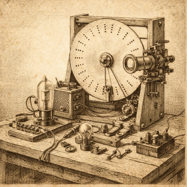 Early mechanical television apparatus with spinning discs and optical components, no people, no text