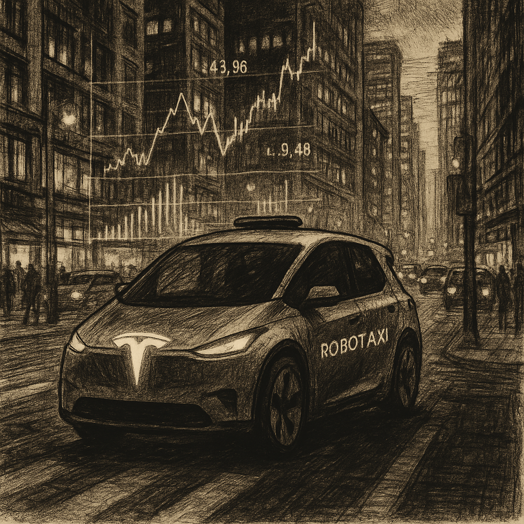 A futuristic robotaxi navigating a bustling city street at dusk, with Tesla logo glowing on the vehicle and holographic financial charts overlaying the scene