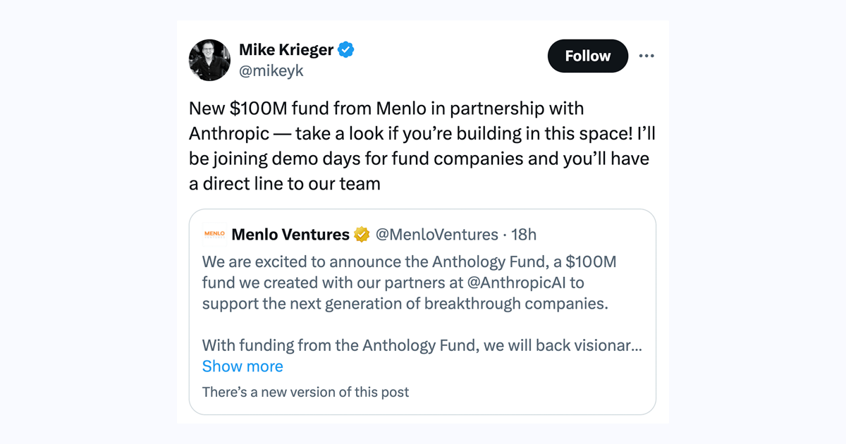 Anthropic launches $100M AI fund together with Menlo Ventures