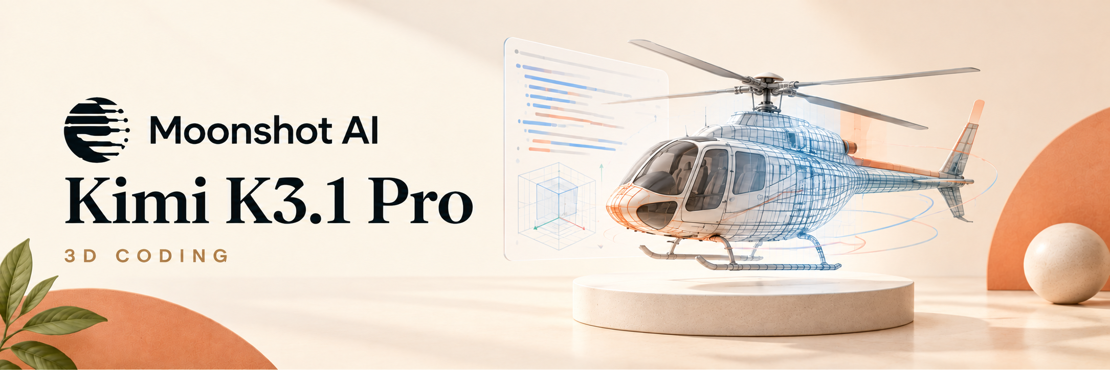 Kimi K3.1 Pro banner showing Moonshot AI and a 3D coding showcase