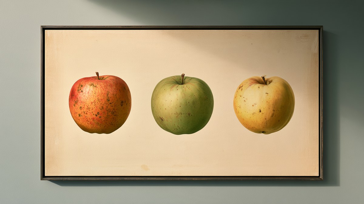 A framed painting of three apples, red, green and yellow, on a pale wall