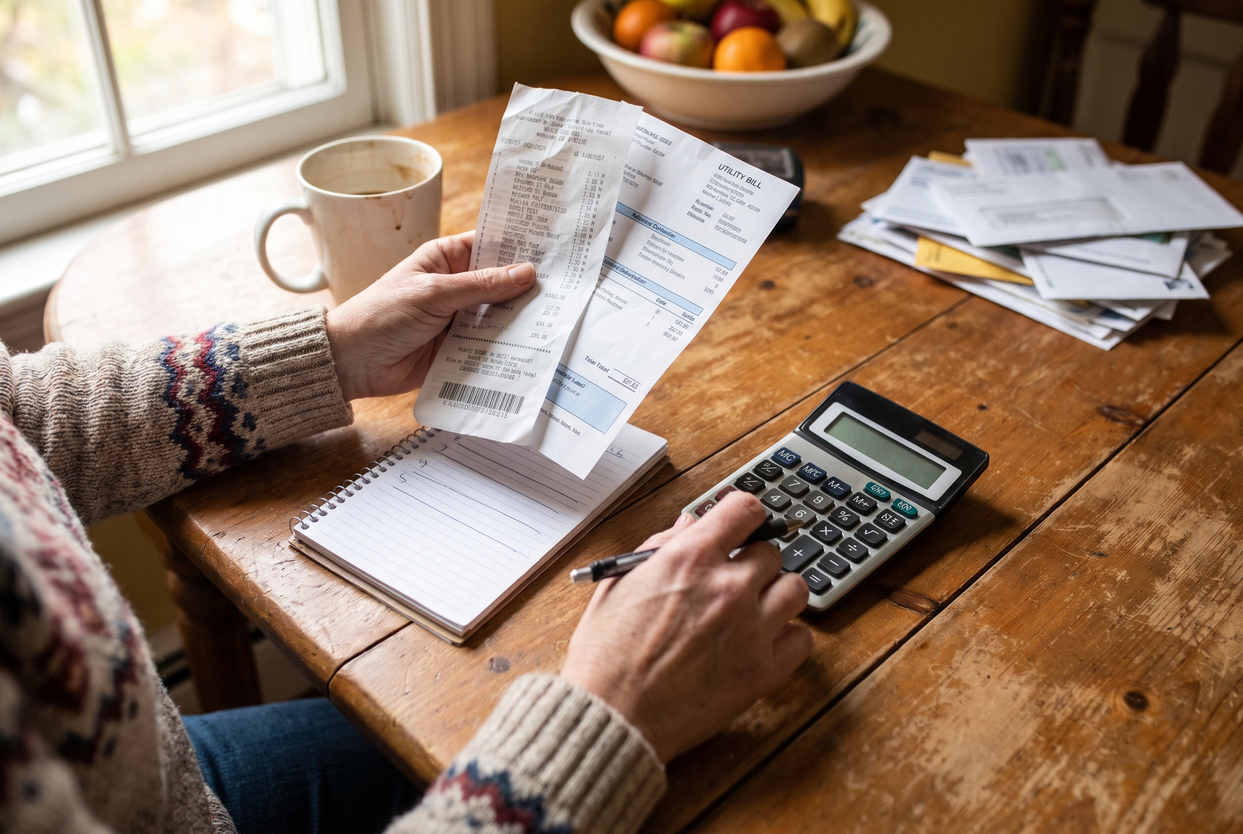 Illustrative household action: Candid phone photo of hands of a woman about 55 comparing two household bills at kitchen table, one grocery receipt, calculator, notebook with simple blank lines, no legible numbers or personal data.