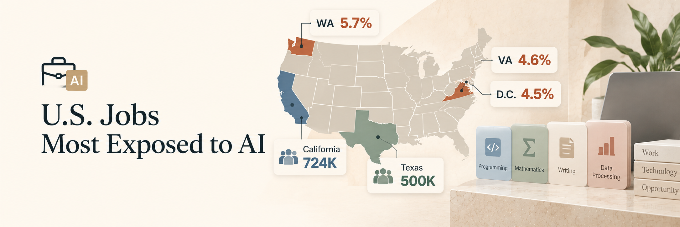 U.S. map showing states with the most jobs exposed to AI