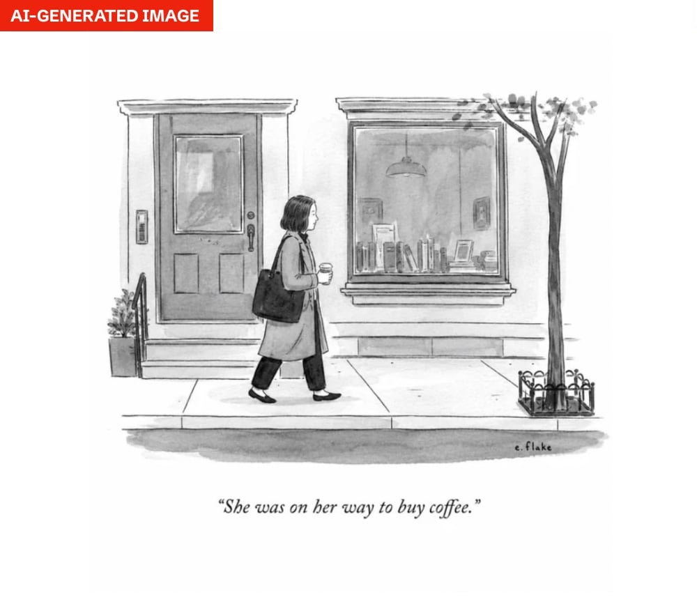 A ChatGPT cartoon signed e. flake, via Nieman Lab
