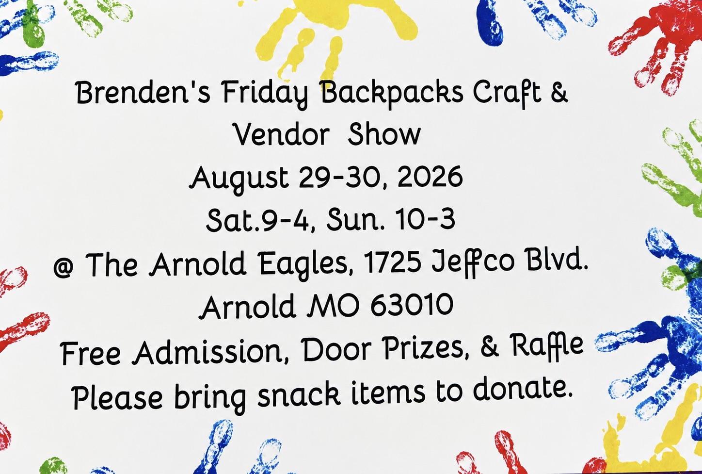 Brendan’s Backpack Craft Show August 29th