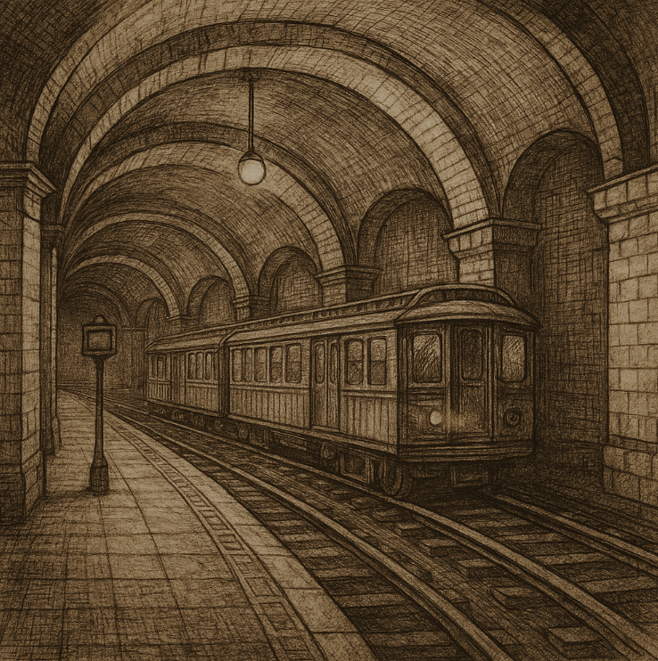 Sepia-toned ink illustration of an early 1900s New York subway tunnel with tiled arches and vintage train cars, cross-hatched shading on aged paper