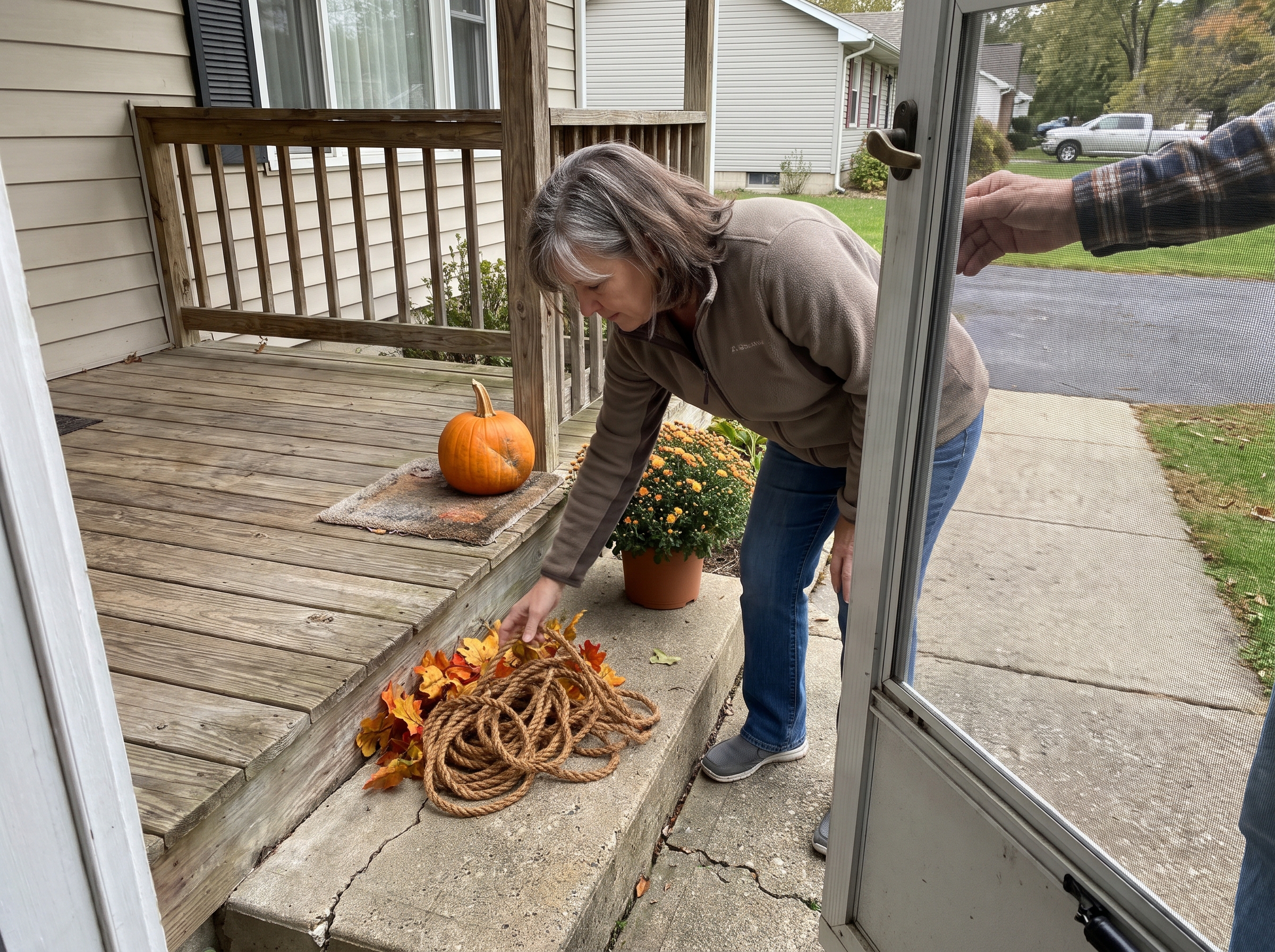 Illustrative household action: Woman about 55 moves loose decorative cord away from a front step while another adult holds the front door open, small pumpkin off to side, unobstructed walkway, realistic autumn porch.