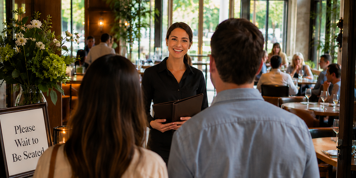 Waitress greeting guests at restaurant