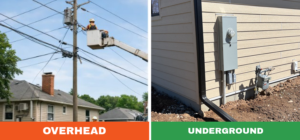 Before and after: overhead electrical service converted to a clean underground feed