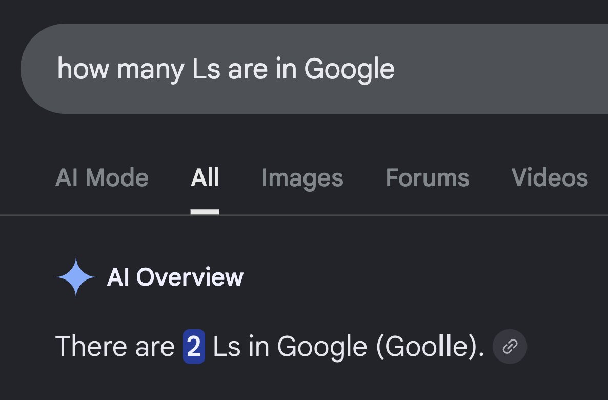 Google AI Overview says there are 2 Ls in Google (Goolle)
