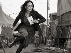Still from The 94th Letter: a woman in a dark coat runs through a circus lot holding a letter