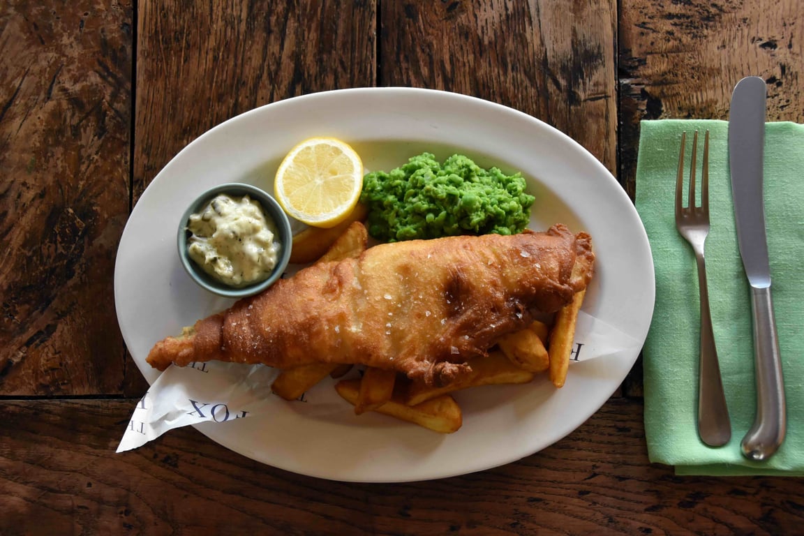 Fish and chips served at The Fox at Oddington