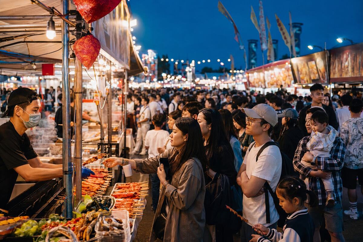 Crowds exploring illuminated Asian street food stalls at the Richmond Night Market