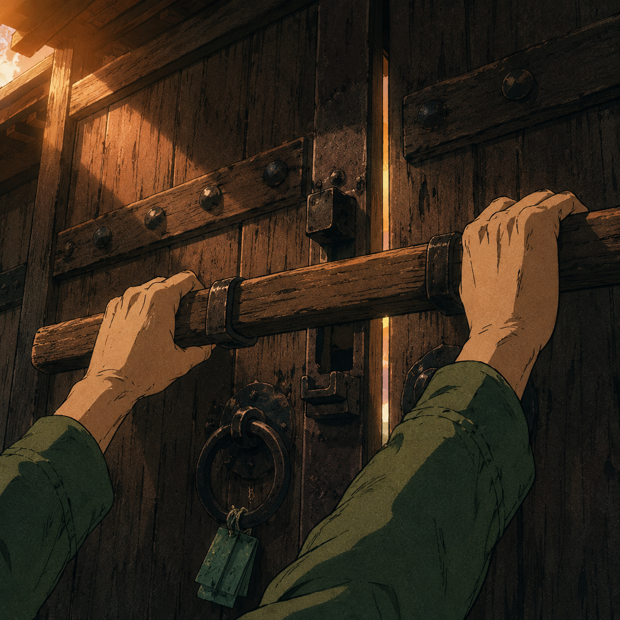 An intimate close-up at dawn of two weathered hands in matcha-green work-jacket cuffs lifting a heavy wooden crossbar free of the iron brackets of a closed wooden Japanese gate (門). A thin warm sliver of golden dawn light leaks through the central seam between the two gate leaves. The wooden bar shows decades of patina; the iron studwork on the gate sits in cool sage-green pre-dawn shadow. Vintage Showa-era anime cel-shaded illustration — the etymological story of the kanji 開 visualized as the moment a shop unlocks its doors for the morning.