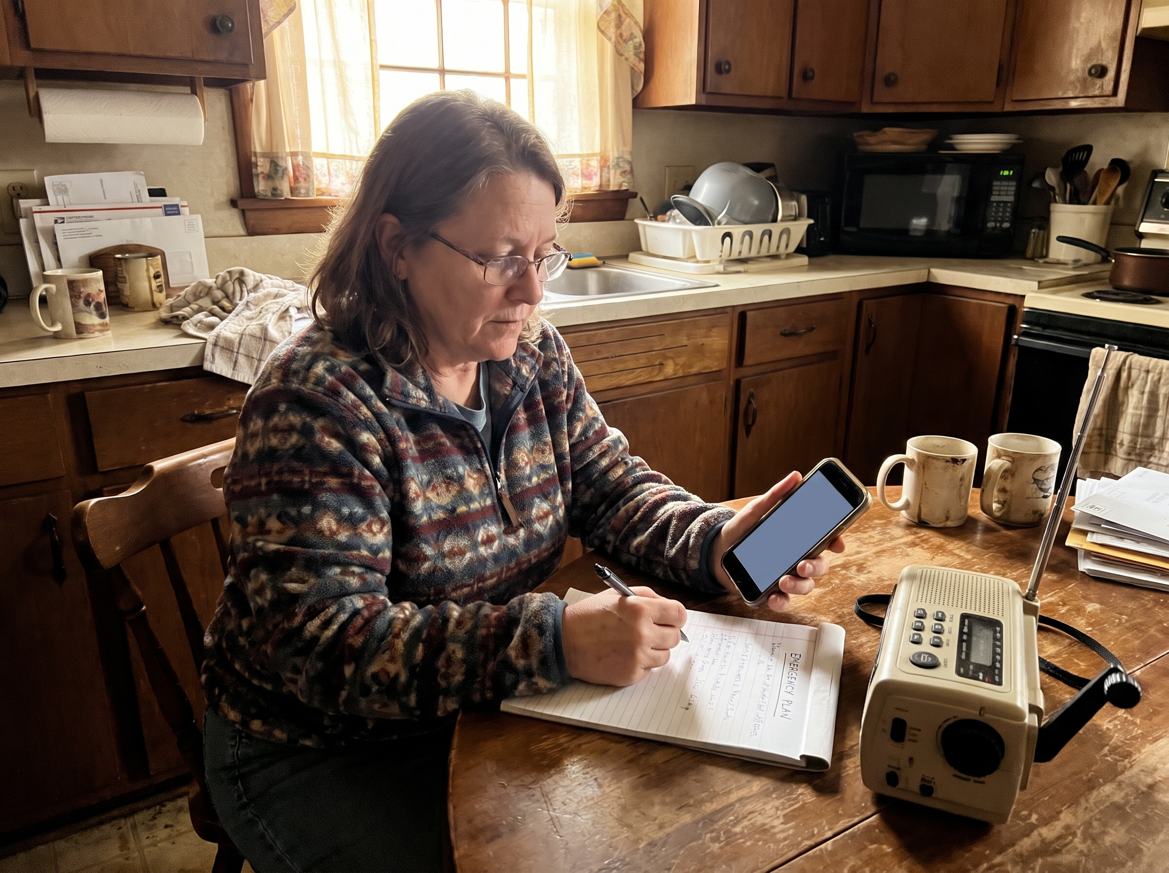 Illustrative household action: Mature woman at kitchen table beside ordinary weather radio, reads weather alert settings on phone and writes on a paper household plan; blank screen without legible fake alert.