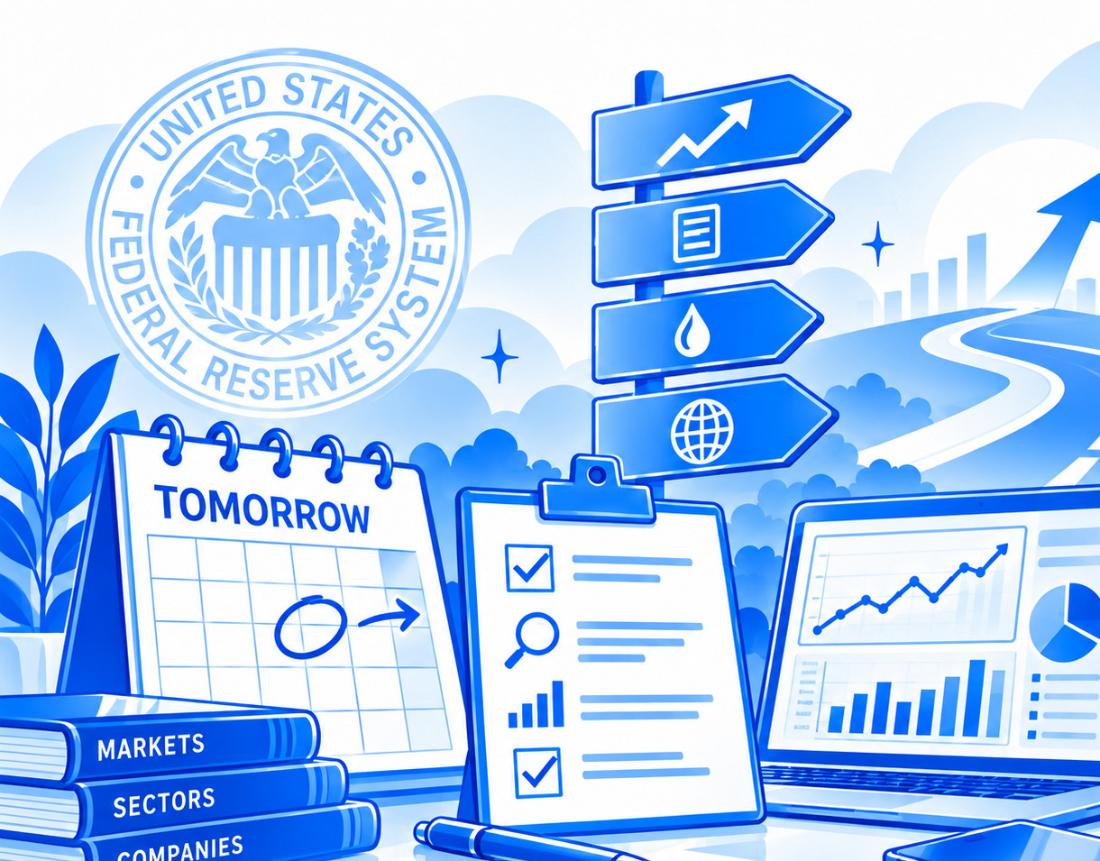 Research workspace, market charts, calendar and decision signpost.