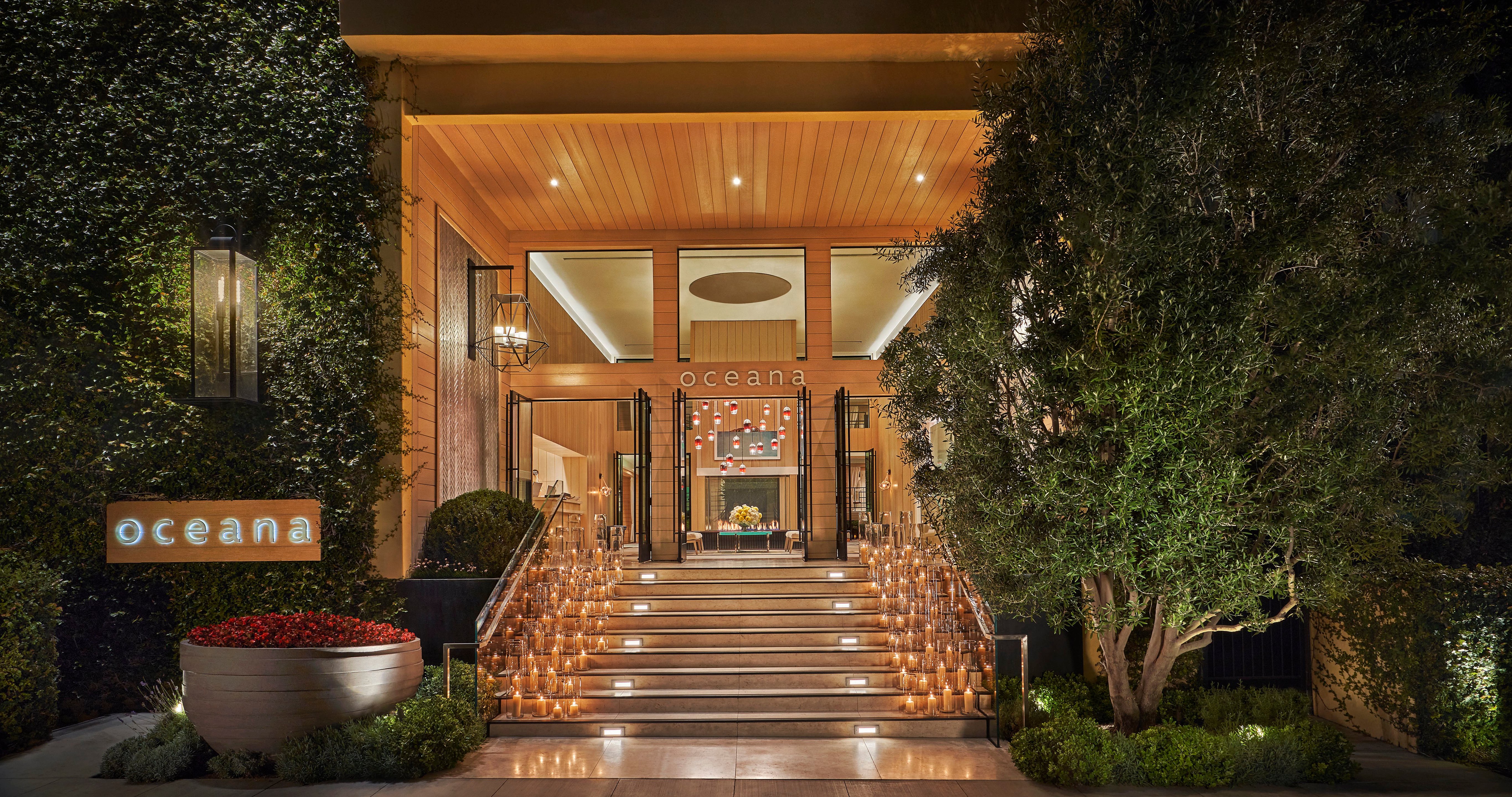 Illuminated entrance of Oceana Santa Monica