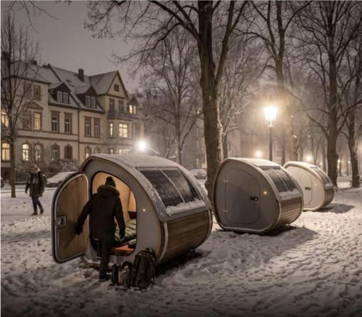 A small one-person sleeping pod sitting alone on a snowy street at night with warm light glowing inside, an AI-made image shared as a real project for homeless people