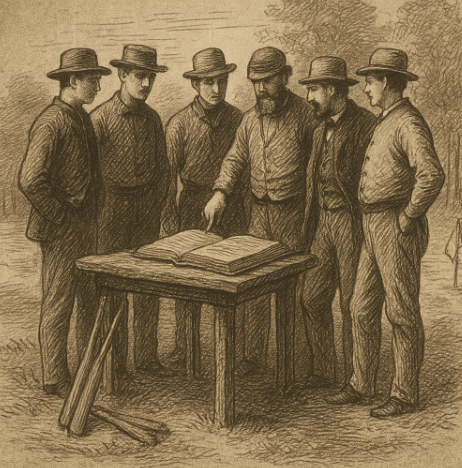 Sepia sketch of players around a table with rule book, mid‑19th c. baseball‑related setting
