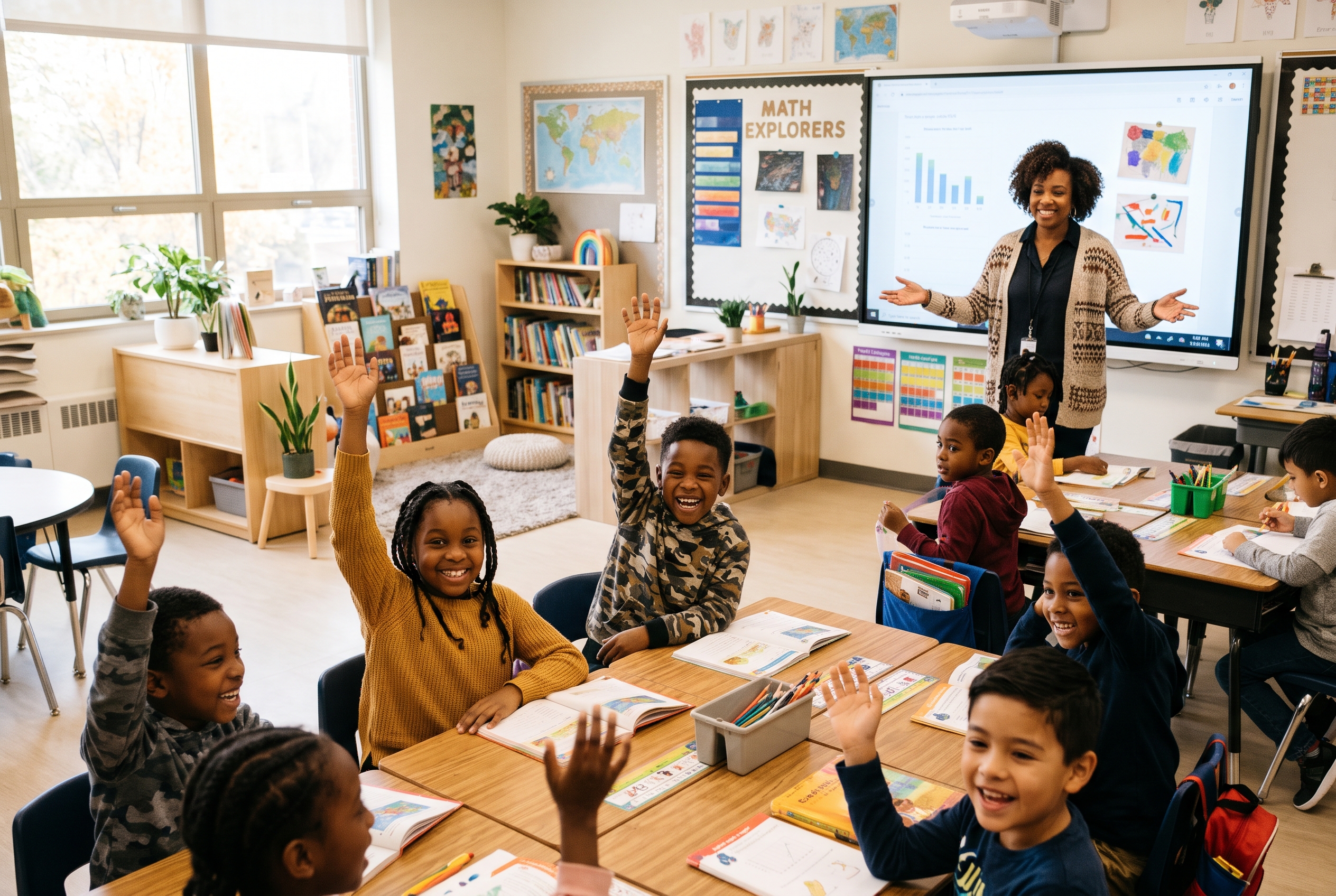 Black children thriving in a bright well-resourced classroom with their teacher