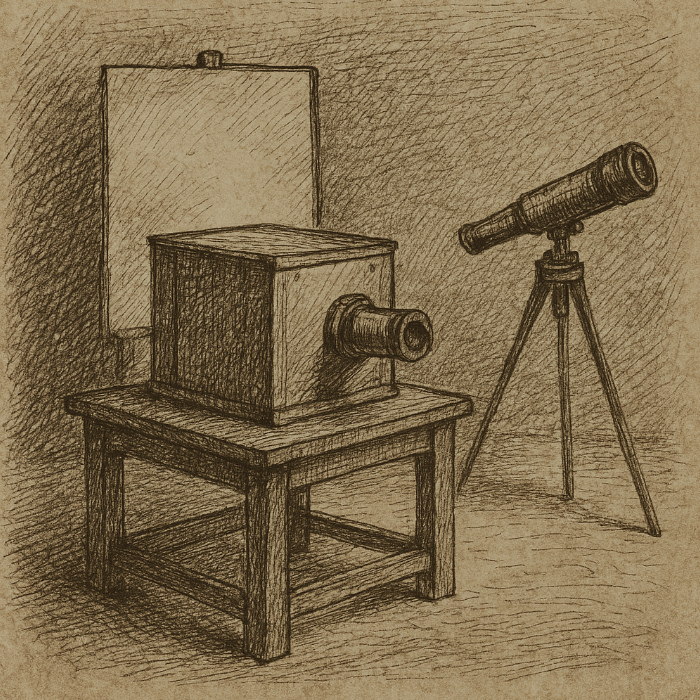 Sepia sketch of early photographic setup by Nicéphore Niépce