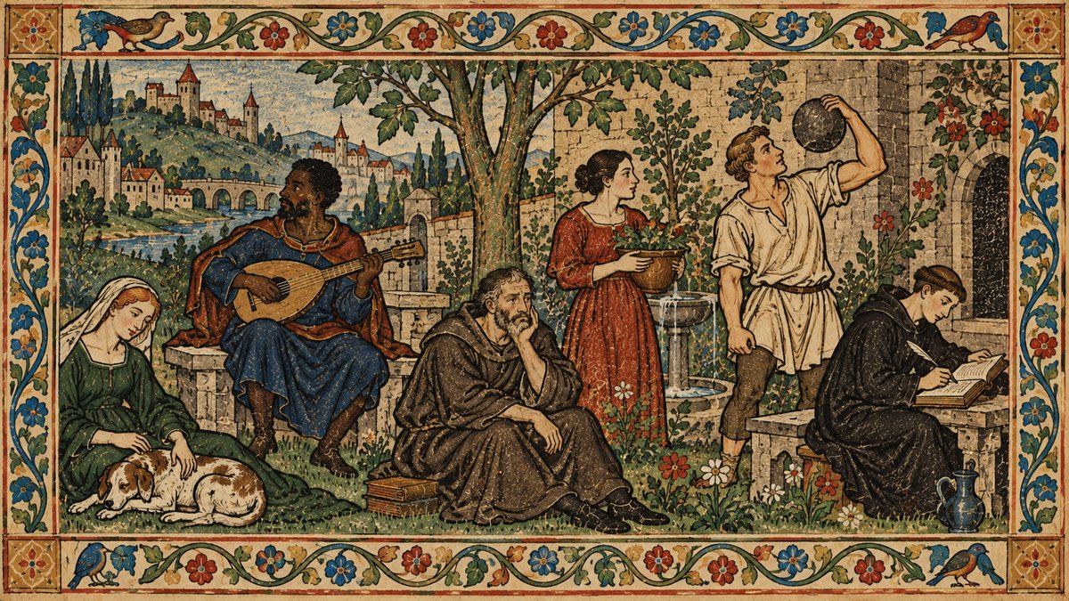 A medieval physician tending to a patient in an ornate garden