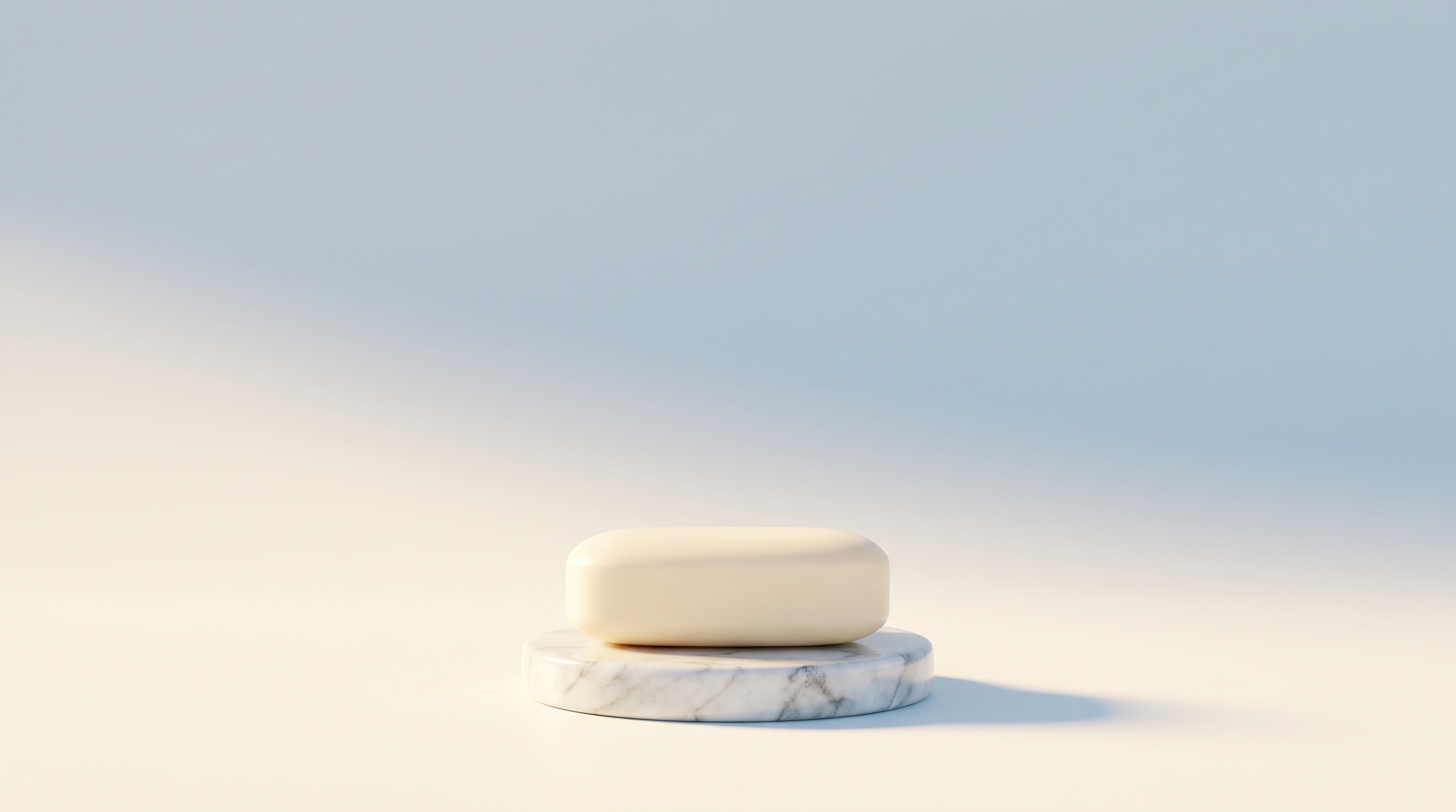 A single bar of white soap on a polished marble pedestal in soft morning light