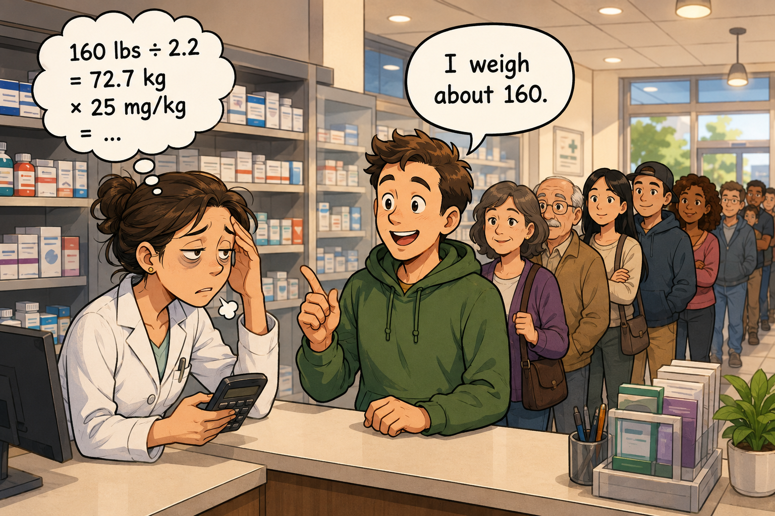 Pharmacist with calculator thinking 160 lbs divided by 2.2 equals 72.7 kg times 25 mg/kg while patient says I weigh about 160