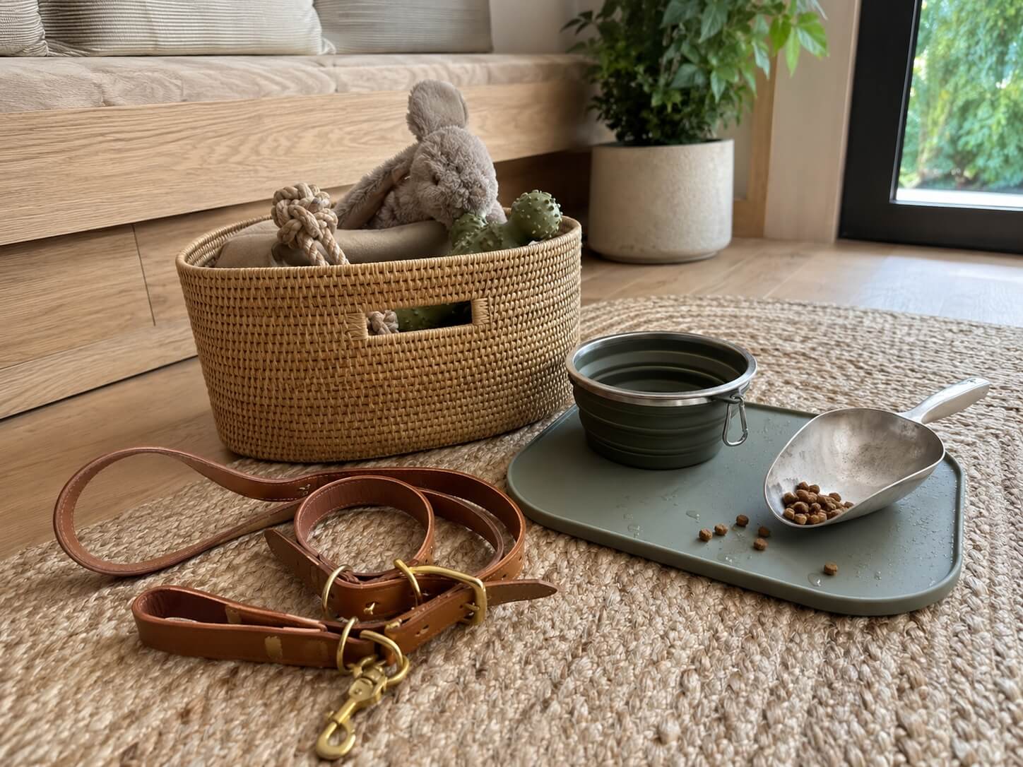 Dog food scoop, travel bowl, feeding mat, collar, leash and toy basket ready to be cleaned