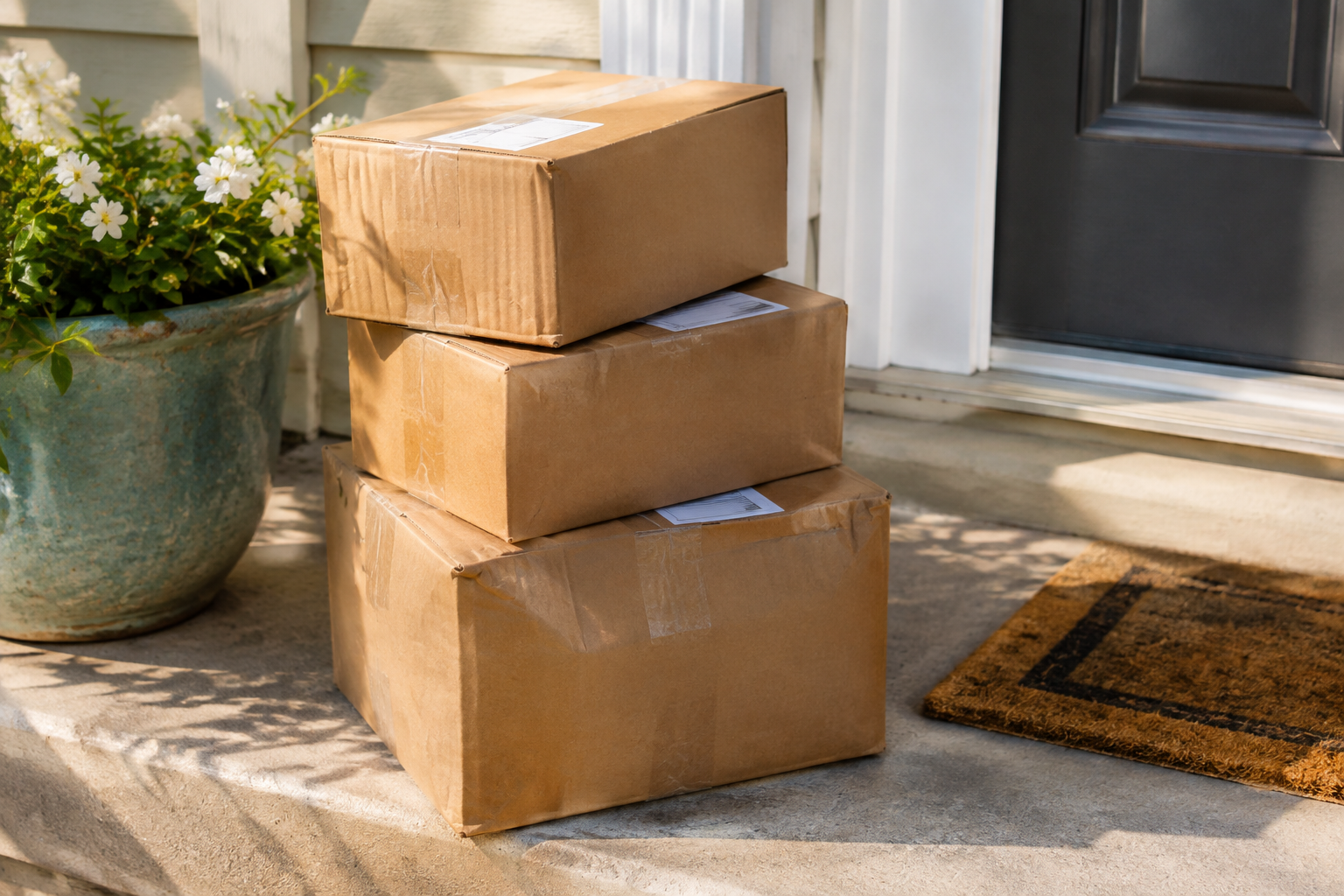 A stack of plain brown cardboard delivery boxes on a front porch