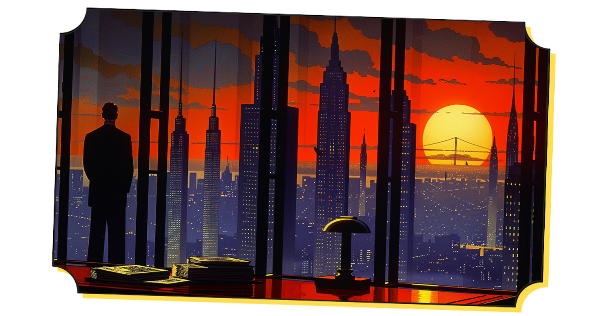 Cinq gratte-ciels Art Déco s'écroulant simultanément au crépuscule. Un observateur en silhouette regarde par la baie vitrée. Illustration art déco originale, Latent.