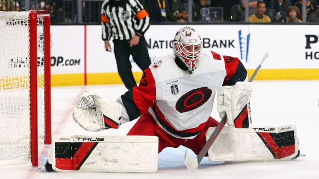 Brandon Bussi making save for Carolina Hurricanes in 2026 Stanley Cup Final Game 4 against Vegas Golden Knights