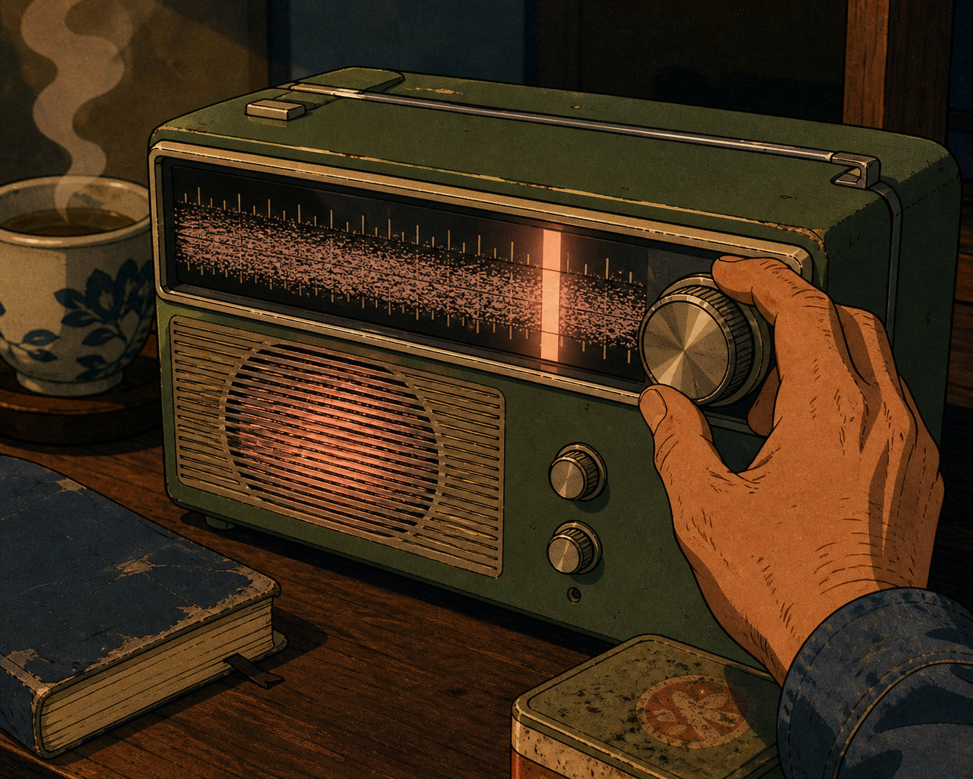 A close warm-evening interior shot of a vintage Showa-era tabletop radio sitting on a wooden shelf. A weathered hand turns the tuning dial, and the static blob on the dial face resolves into a clean clear band of light at one specific position — the moment the noise becomes a signal.