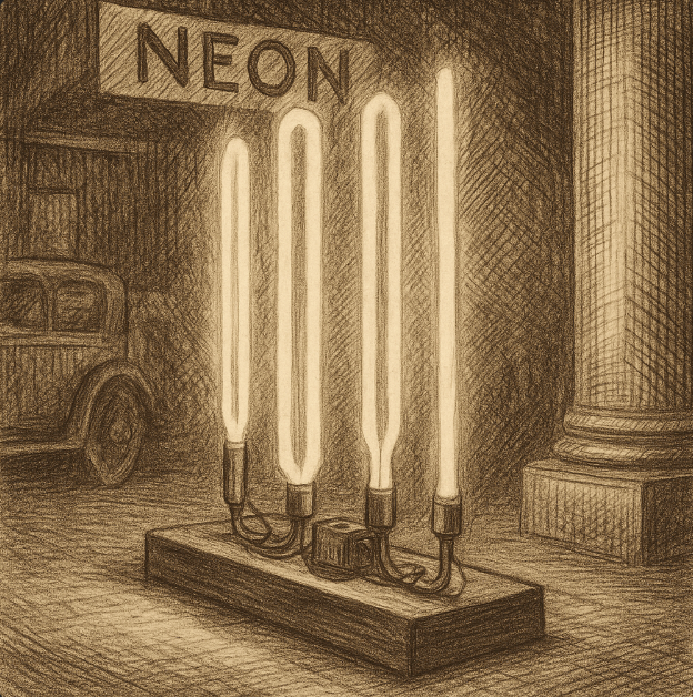 Early neon tubes glowing at the 1910 Paris Motor Show