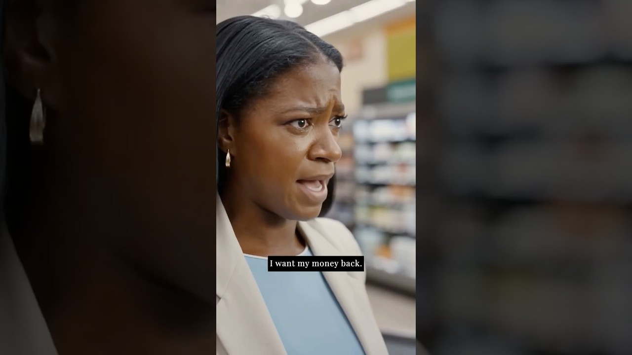 Frame from the Independence Institute AI video, an AI-made shopper at a grocery checkout