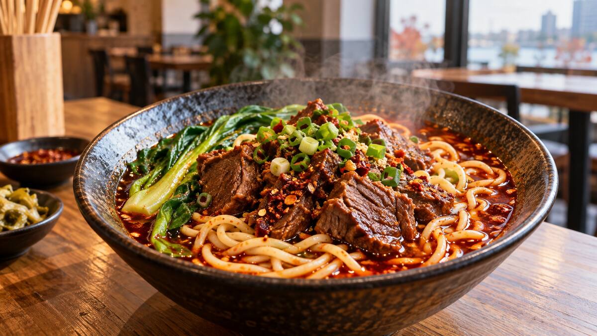 A bowl of spicy Chongqing noodles with braised beef and greens in Richmond British Columbia